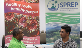 Director of Environment, Monitoring and Governance, Mr Jope Davetanivalu is being interviewed by journalist Marc Membere